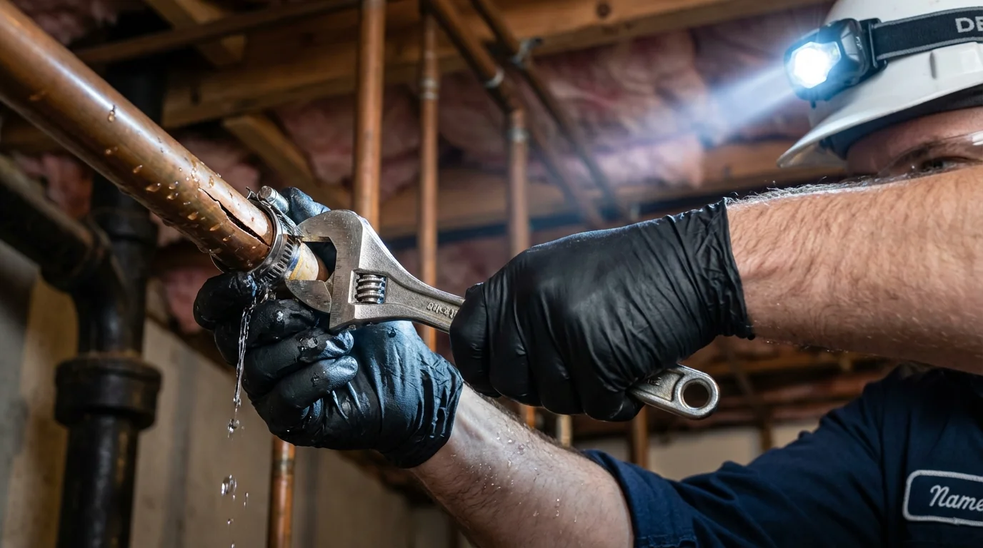 Emergency pipe clamp repair being performed by a Johns Plumbing LLC plumber in Parkin