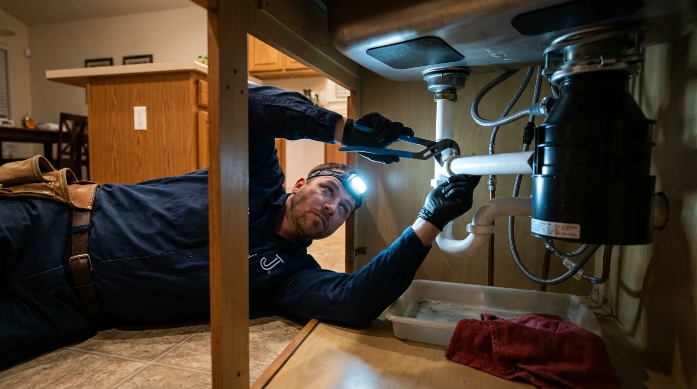 P-trap and supply line connections under a kitchen sink showing a common leak point in Parkin, AR